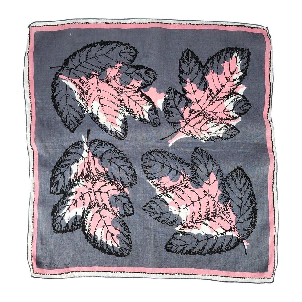 Vintage Ann McCann Handkerchief with White, Gray, Pink, and Black Leaves, Cotton